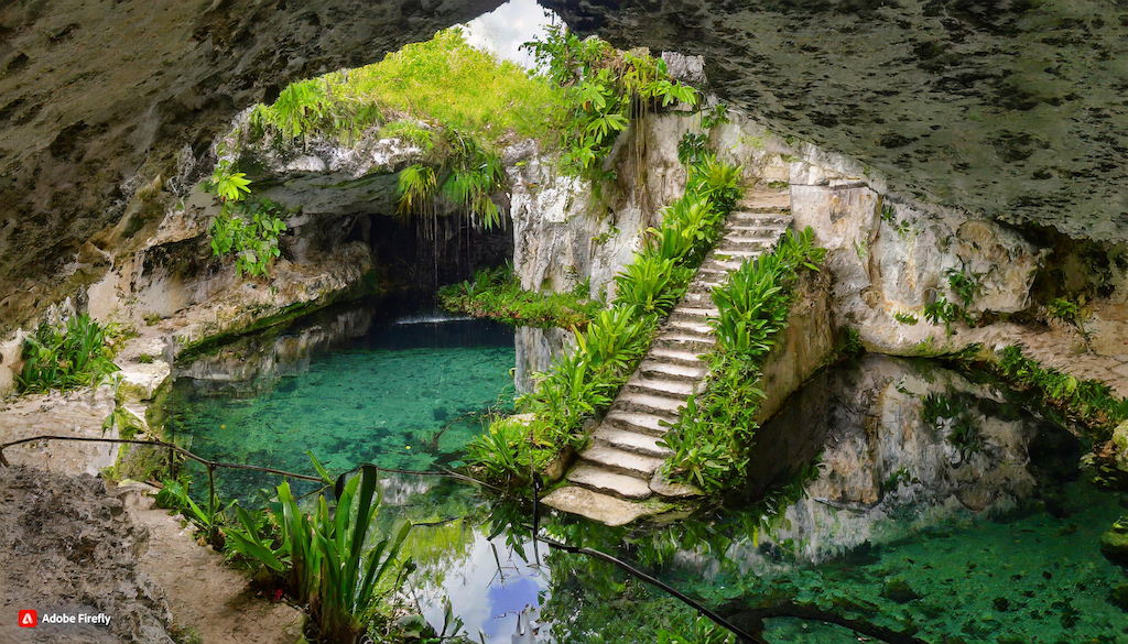  Firefly cancun sinkhole with smooth water underground and reflection of the cave from above with green plants with stairs